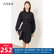 amii2023秋季黑色衬衫女长款衬衣，连衣裙女设计感纽扣收腰上衣