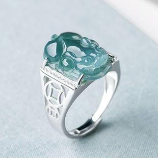 s925银镶嵌纯天然a货翡翠，蓝水貔貅玉石，男女款可调节情侣时尚戒指
