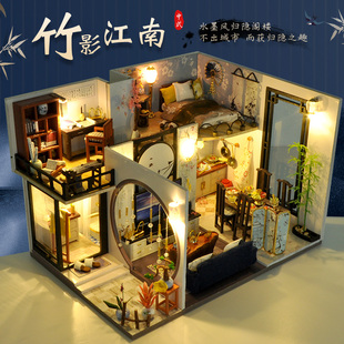 中国风diy小屋别墅，手工制作房子模型，古风建筑拼装创意生日礼物女