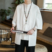 假两件衬衫男夏季亚麻短袖上衣中国风唐装外套五分袖半袖棉麻衬衣