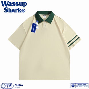Wassup Shark美式重磅纯棉条纹POLO衫短袖T恤男夏季宽松纯色上衣
