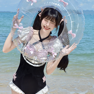 原创设计《悸动》黑粉波点连体，游泳装可爱少女蝴蝶结氛围感泳衣
