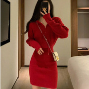 2024秋冬季复古红色针织毛衣连衣裙女法式时尚百搭气质包臀裙