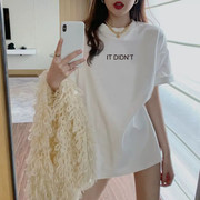 白色中长款t恤短袖女夏季纯棉，设计感圆领，大码宽松字母印花上衣潮