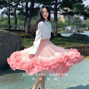 简爱花园原创设计甜美风时尚，粉色花朵蓬蓬裙，a字大摆半身裙ja65