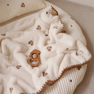 ins韩国婴儿童盖毯春秋冬幼儿园小被子，新生儿宝宝抱毯午睡刺绣绒
