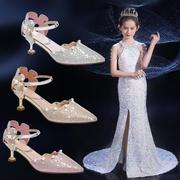 女童高跟鞋公主鞋2023秋季小女孩水晶鞋尖头，演出鞋子儿童皮鞋