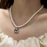 春季熊猫头珍珠项链女高级感金属水钻气质颈链短款锁骨链饰品