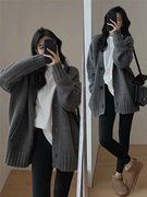 灰色复古纯色宽松中长款毛衣外套，女秋冬慵懒风，时尚灰色三件套装