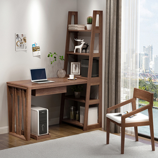 全实木书桌书架组合现代简约转角，家用写字台卧室，带书柜一体电脑桌