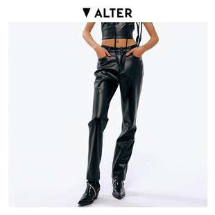 rollingacid设计师品牌，alter买手店黑色裤子，直筒拼接皮裤