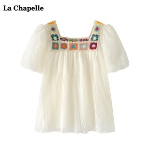 拉夏贝尔lachapelle法式方领泡泡袖衬衫，女夏季民族风小衫上衣