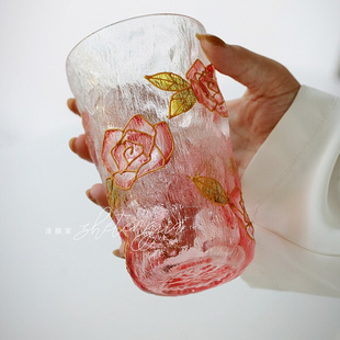 泽滕家手绘玫瑰花水晶玻璃杯，好看花朵杯杯插画描金，杯子送闺蜜礼物