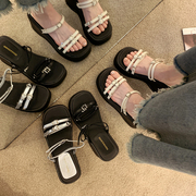 时尚坡跟拖鞋女夏季外穿韩版百搭露趾松糕厚底一字罗马高跟凉拖鞋
