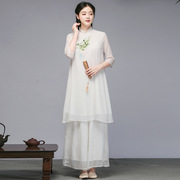 春夏季日常小个子茶服少女白色仙气禅舞旗袍上衣连衣裙套装裙