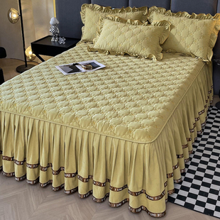 纯色夹棉床裙式床罩单件加厚床单三件套1.5米1.8x2.0荷叶花边床套