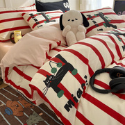 卡通纯棉床上四件套100全棉，红色条纹被套，床品宿舍床单三件套床笠