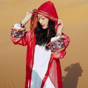 红色防晒开衫女夏季长款连帽民族风复古旅游拍照雪纺外搭薄款外套