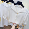 珍珠西装领短袖雪纺衬衫，女夏季气质，百搭宽松垂感白色衬衣上衣