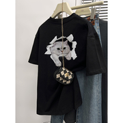 品牌撤柜女装外贸猫咪印花T恤短袖ins潮设计感上衣宽松体恤衫