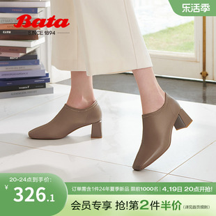 bata复古踝靴女春秋商场羊皮，粗跟通勤优雅高跟单鞋3343ccm3