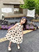5折韩版女童黑色波点连衣裙洋气儿童圆领无袖背心裙