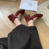 法式感单鞋女2024年春季仙女，风红色绒面粗跟水钻，玛丽珍鞋