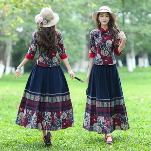 唐装女装中国风复古中式盘扣，改良旗袍式上衣，民族风棉麻套装两件套