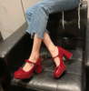 红色婚鞋女2023春漆皮水台粗跟玛丽珍单鞋，仙女风蝴蝶结高跟鞋