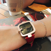 时尚女咖啡皮带手表士玫瑰，金属气质潮流个性方形石英真皮国产腕表