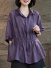 紫色雪纺短袖衬衫女2023夏季抽褶收腰显瘦宽松大码五分袖上衣