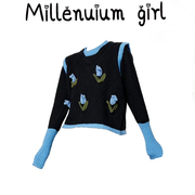 今年好看的拼接撞色马甲毛衣两件套蓝色复古气质小众设计感针织衫