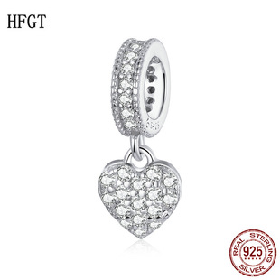 欧美s925纯银真爱璀璨串珠镀白金镶钻心形，手链配件珠子散珠