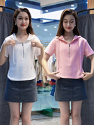 拉链连帽短袖t恤女2023夏季新韩版修身卫衣设计感小个子短款上衣