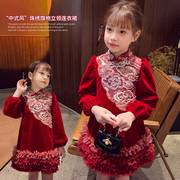 女童中国风连衣裙加绒冬装2023洋气儿童红色公主裙女孩拜年服