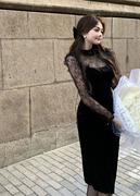 黑色蕾丝长袖连衣裙女装春季丝绒，拼接开叉性感气质，荷叶边包臀裙子