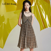 裂帛liebofeng设计师品牌，收腰印花烫金雪纺，纯欲辣妹风吊带连衣裙