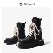 pinjiahui 厚底增高马丁靴女真皮系带粗跟圆头骑士靴侧拉链踝靴潮