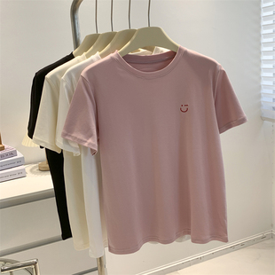 刺绣笑脸粉红色短袖T恤女纯棉暖色系夏季韩版宽松上衣米色圆领衫