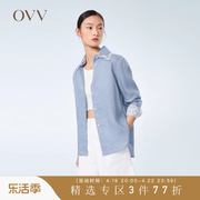 ovv春夏女装高支亚麻镂空花边复古撞色长袖休闲衬衫