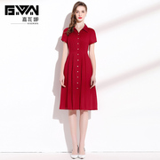 夏季2024女装翻领短袖，气质纽扣开衫红色，亮丝雪纺连衣裙高级感