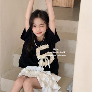 韩系气质设计感珍珠女童，小香风宽松短袖t恤蝙蝠衫上衣24年春夏