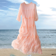 高端初恋粉色雪纺连衣裙，女2023夏长款仙女，长裙宽松遮肉沙滩裙