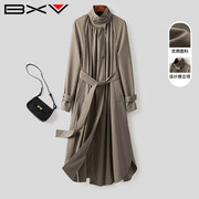 bxv绿色立领风衣女中长款2024春韩版设计感简约系带大衣外套