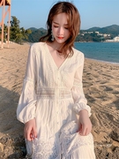 春夏白色纯棉丝长裙ujd古法式显瘦气质，假连衣裙蕾三亚度超仙沙滩