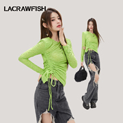 lacrawfish韩系圆领肌理感垫肩，抽绳修身显瘦针织，长袖t恤上衣女