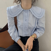 韩国chic温柔奶软蓝娃娃，领风琴压褶设计包边扣宽松泡泡袖衬衫上衣