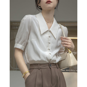 法式优雅白色短袖真丝衬衫，女设计感小众缎面，职业通勤泡泡袖衬衣