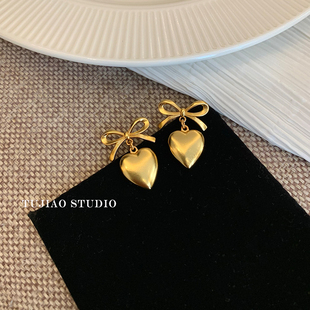 tujiao复古法式精致爱心vintage蝴蝶结高级感甜美气质小众耳环
