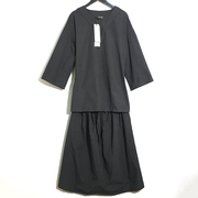 圣迪家女式纯棉，修身显瘦七分袖，有口袋长款黑色连衣裙